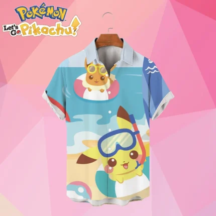 Men's Shirts Pikachu Pokemon Oversized HD Print Social Shirt Couples Dress Cute Fashion 2024 Y2k Harajuku Anime Cosplay Costume 1