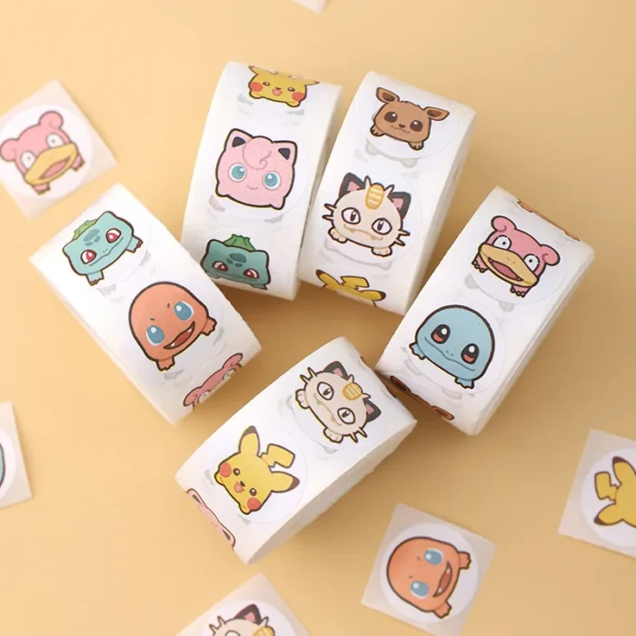 500PCS Anime Cute Pokemon Stickers Kawaii Pikachu Charizard Round Seal Stickers Rolls Stickers Graffiti Luggage Stickers Toys 2