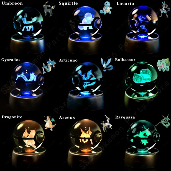Pokemon Crystal Ball 3D Pikachu Gengar Mew Mewtwo Lamp Base Pokeball Crystal Pokemon Glass Ball Figure Night Light Birthday Gift 3