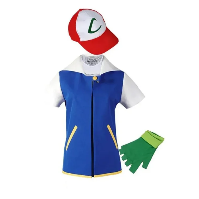 Blue Jacket Pokemon Men Cosplay Costume Boys  Ash Ketchum For Halloween Party Trainer Gloves And Cap Set Anime Christmas Gift 6