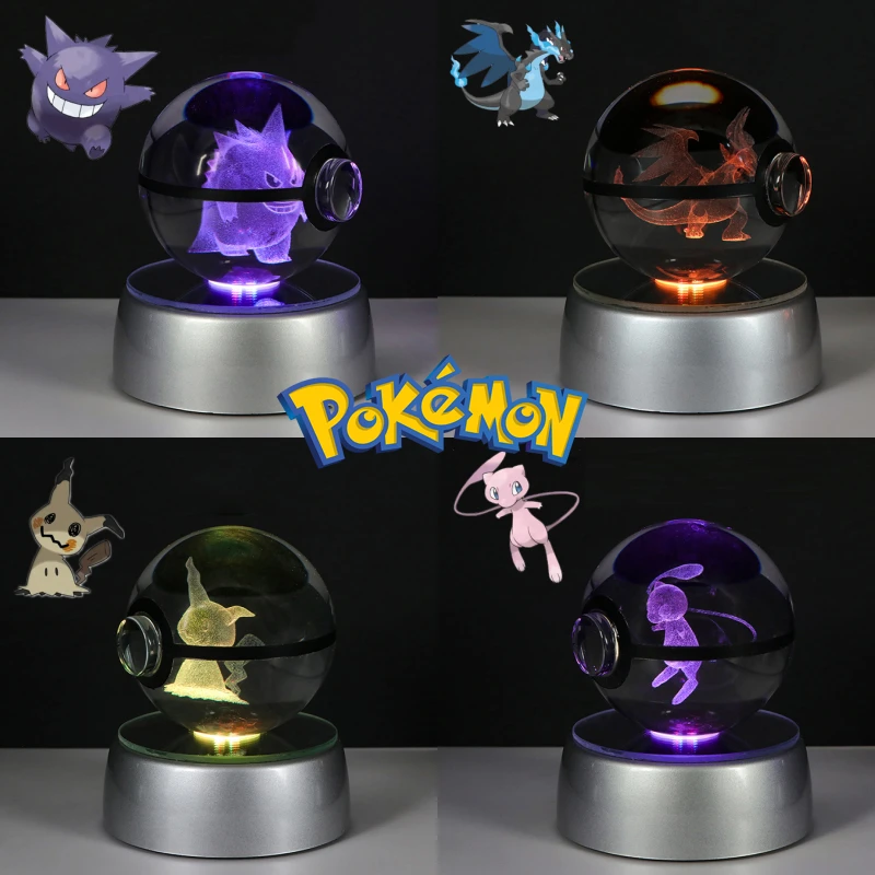 Pokemon 3D Crystal Poke Ball Figure Toys Anime Gengar Mimikyu Jigglypuff Eevee Figurines LED Lamp Base Pokeball Glass Ball Gifts 1