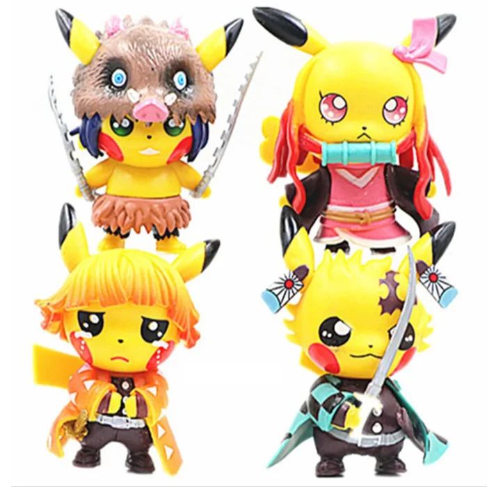 4pcs Pokemon Anime Figures Pikachu Cosplay Demon Slayer Tanjirou Nezuko Zenitsu Inosuke PVC Collection Kids Birthday Toys Gift 6