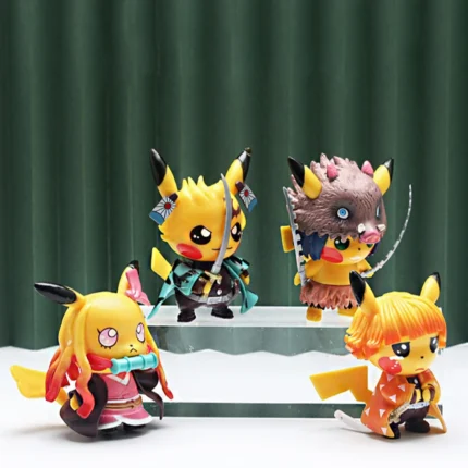 4pcs Pokemon Anime Figures Pikachu Cosplay Demon Slayer Tanjirou Nezuko Zenitsu Inosuke PVC Collection Kids Birthday Toys Gift 1