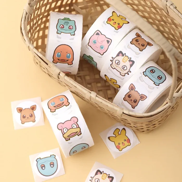 500PCS Anime Cute Pokemon Stickers Kawaii Pikachu Charizard Round Seal Stickers Rolls Stickers Graffiti Luggage Stickers Toys 3